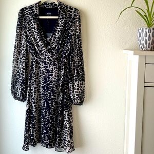 NWT! DKNY Faux Wrap Midi Dress Black White Animal Print Size 10
